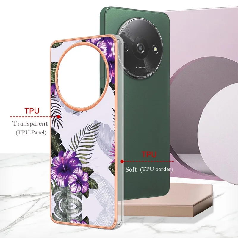 For Xiaomi Redmi A3 / Poco C61 4G Case with IMD Marble Flower Pattern TPU Mobile Back Cover - Purple Flower