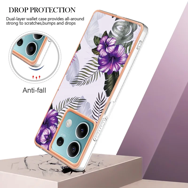 For Xiaomi Redmi Note 13 5G Case with IMD Marble Flower Pattern TPU Mobile Back Cover - Purple Flower