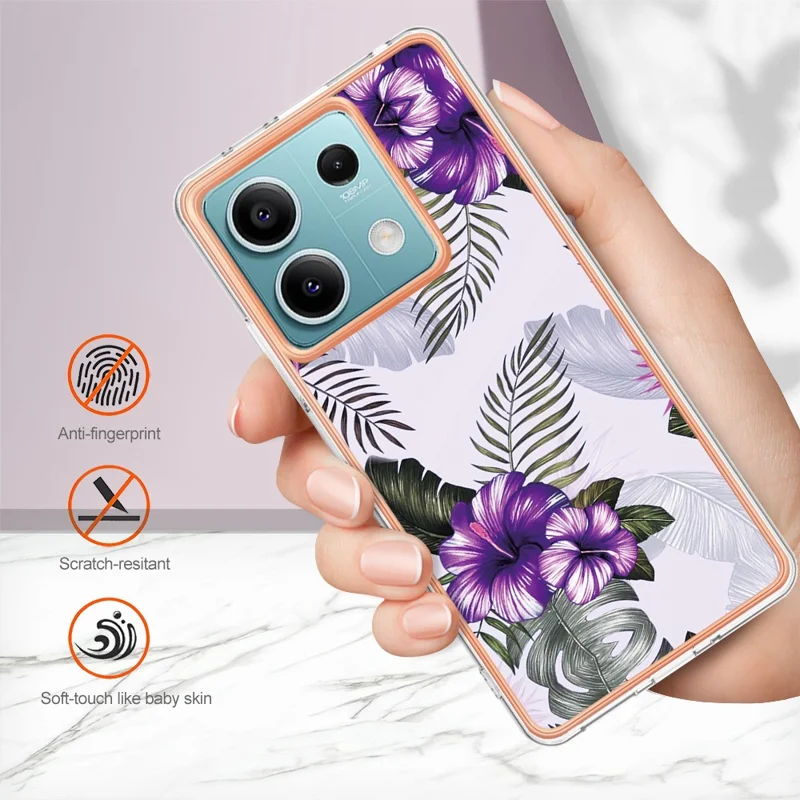 For Xiaomi Redmi Note 13 5G Case with IMD Marble Flower Pattern TPU Mobile Back Cover - Purple Flower