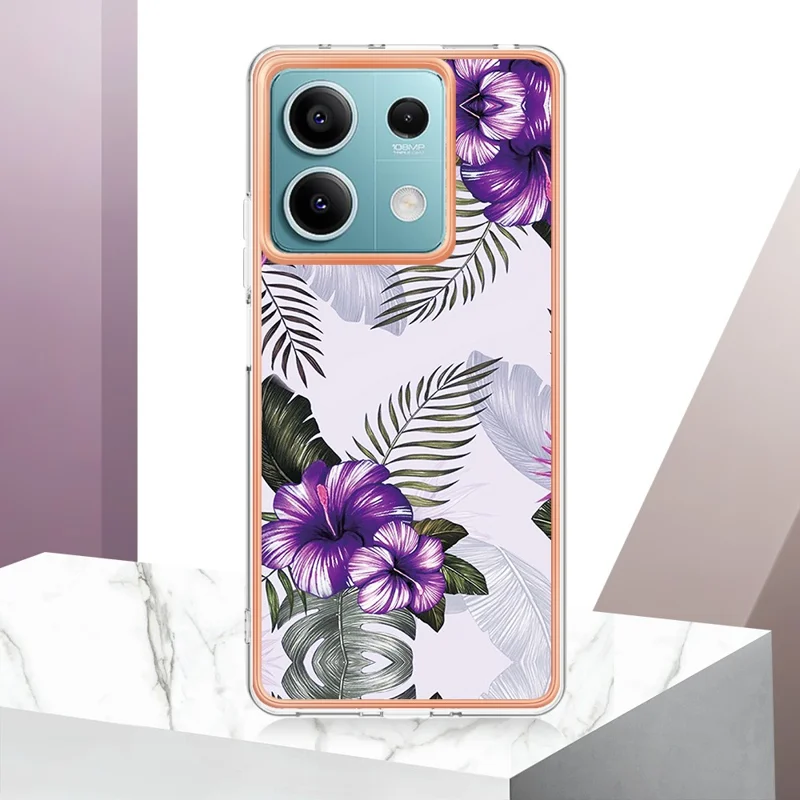 For Xiaomi Redmi Note 13 5G Case with IMD Marble Flower Pattern TPU Mobile Back Cover - Purple Flower