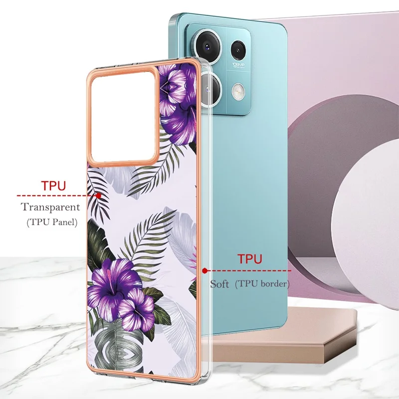 For Xiaomi Redmi Note 13 5G Case with IMD Marble Flower Pattern TPU Mobile Back Cover - Purple Flower