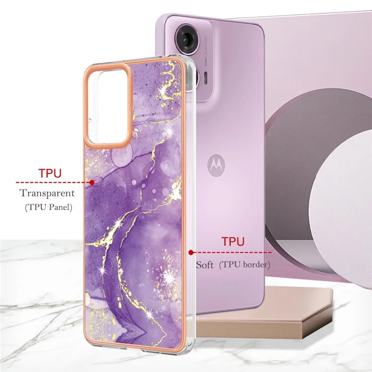 YB IMD Series-2 für Motorola Moto E14 4G / G04 4G / G04s 4G / G24 4G Hülle mit Marmoroptik IMD TPU Handyhülle - Lila 002