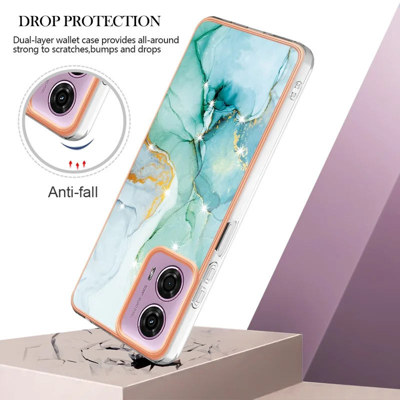 For Motorola Moto E14 4G / G04 4G / G04s 4G / G24 4G TPU Case with IMD Marble Pattern Electroplated Back Cover - Green 003