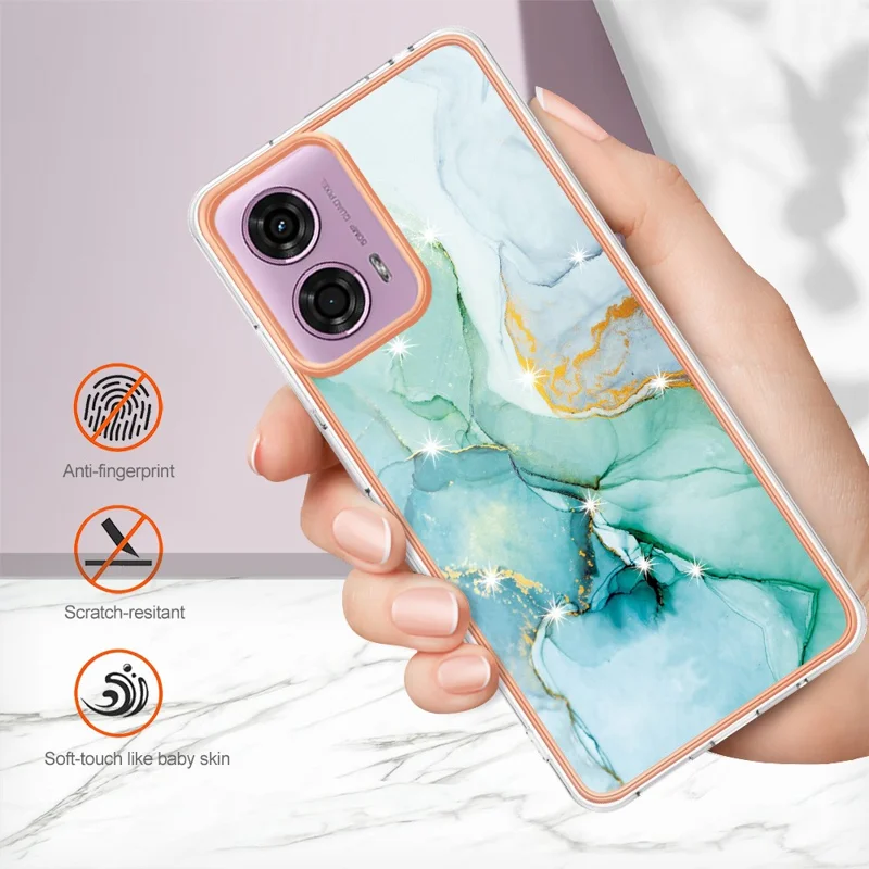 For Motorola Moto E14 4G / G04 4G / G04s 4G / G24 4G TPU Case with IMD Marble Pattern Electroplated Back Cover - Green 003