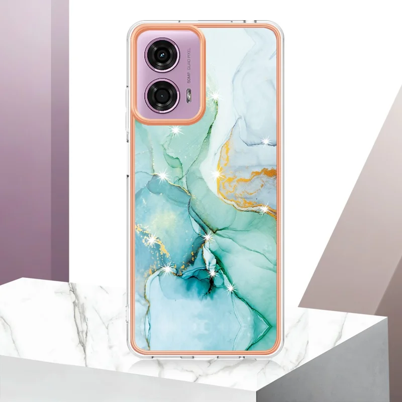 For Motorola Moto E14 4G / G04 4G / G04s 4G / G24 4G TPU Case with IMD Marble Pattern Electroplated Back Cover - Green 003