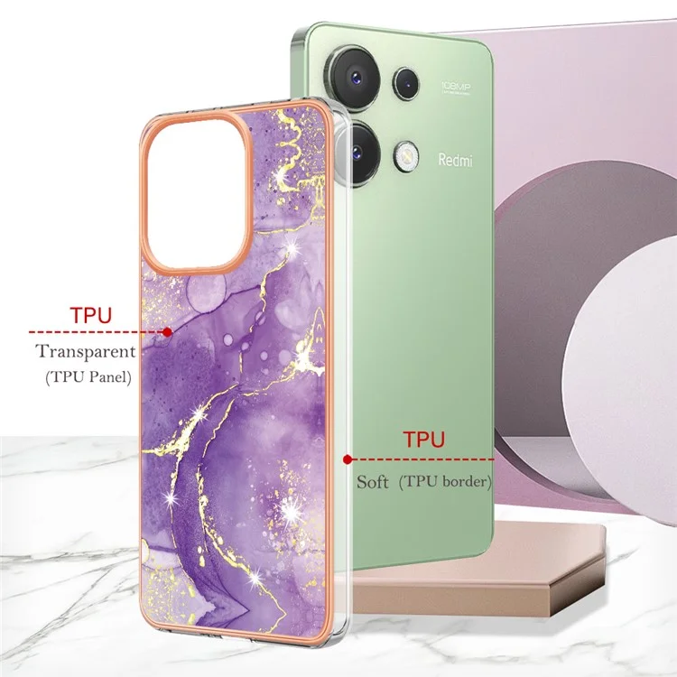 For Xiaomi Redmi Note 13 4G TPU Case with IMD Marble Pattern Electroplated Back Cover - Purple 002