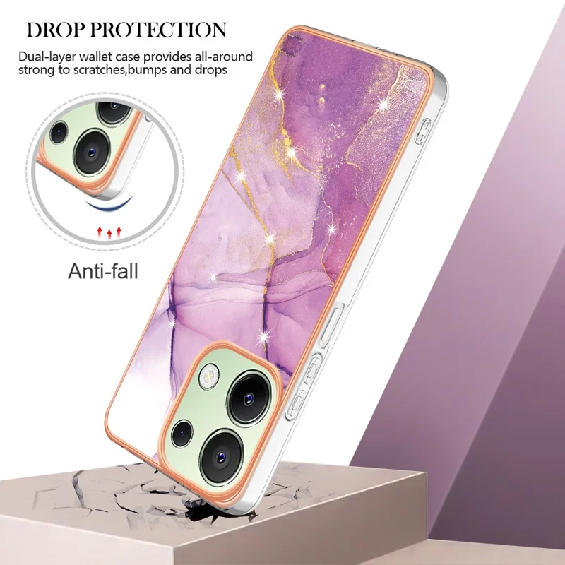 For Xiaomi Redmi Note 13 4G TPU Case with IMD Marble Pattern Electroplated Back Cover - Purple 001