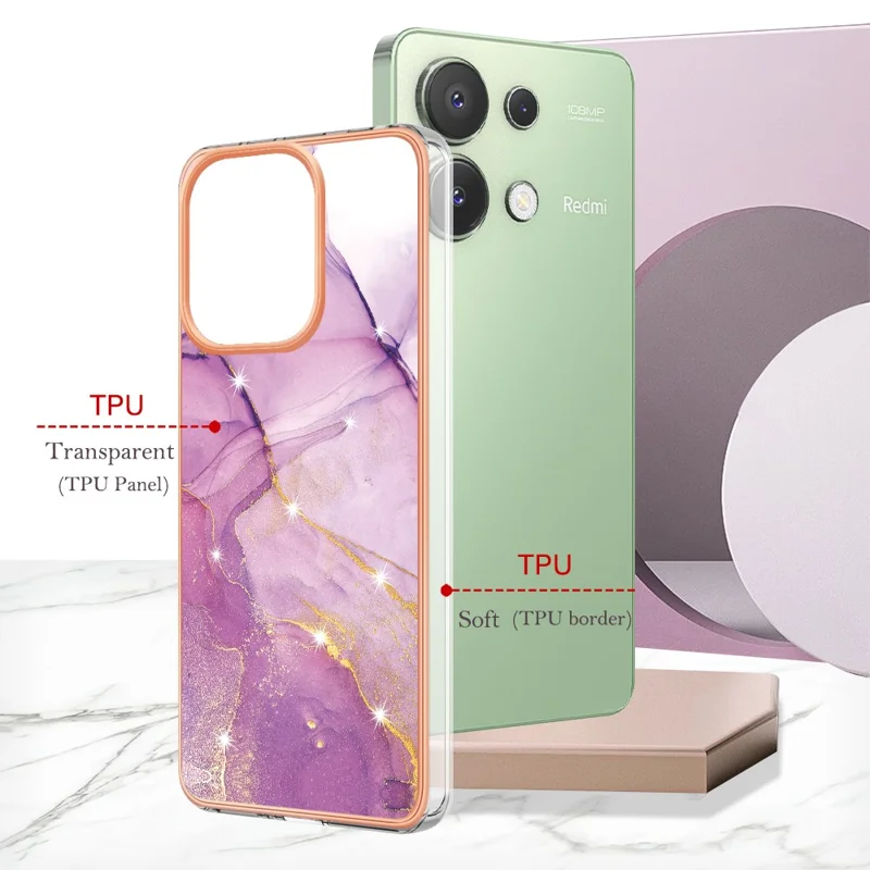 For Xiaomi Redmi Note 13 4G TPU Case with IMD Marble Pattern Electroplated Back Cover - Purple 001