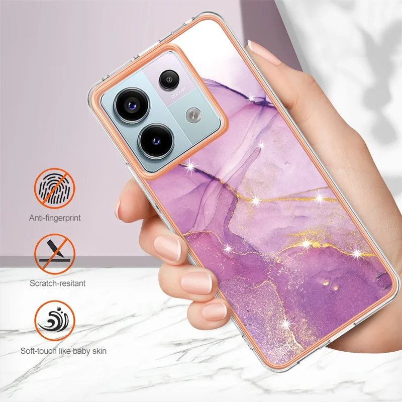 For Xiaomi Redmi Note 13 Pro 5G / Poco X6 5G TPU Case with IMD Marble Pattern Electroplated Back Cover - Purple 001