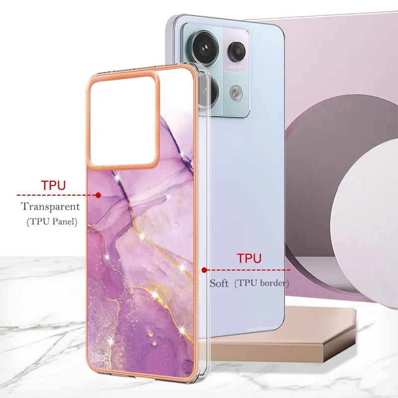 For Xiaomi Redmi Note 13 Pro 5G / Poco X6 5G TPU Case with IMD Marble Pattern Electroplated Back Cover - Purple 001