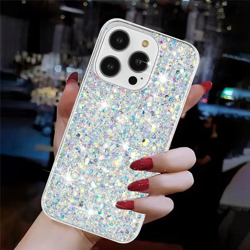 For iPhone 15 Pro Anti-Scratch TPU Phone Case Epoxy Glittery Powder Phone Cover - White