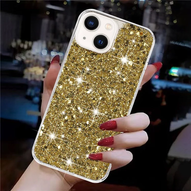 For iPhone 15 Back Protector Case Sparkle Epoxy Cell Phone TPU Cover - Gold