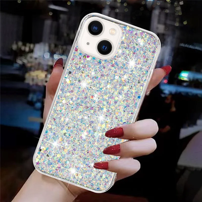 Voor iPhone 15 Achterkantbeschermer Hoesje Glitter Epoxy Mobiele Telefoon TPU Cover - Wit