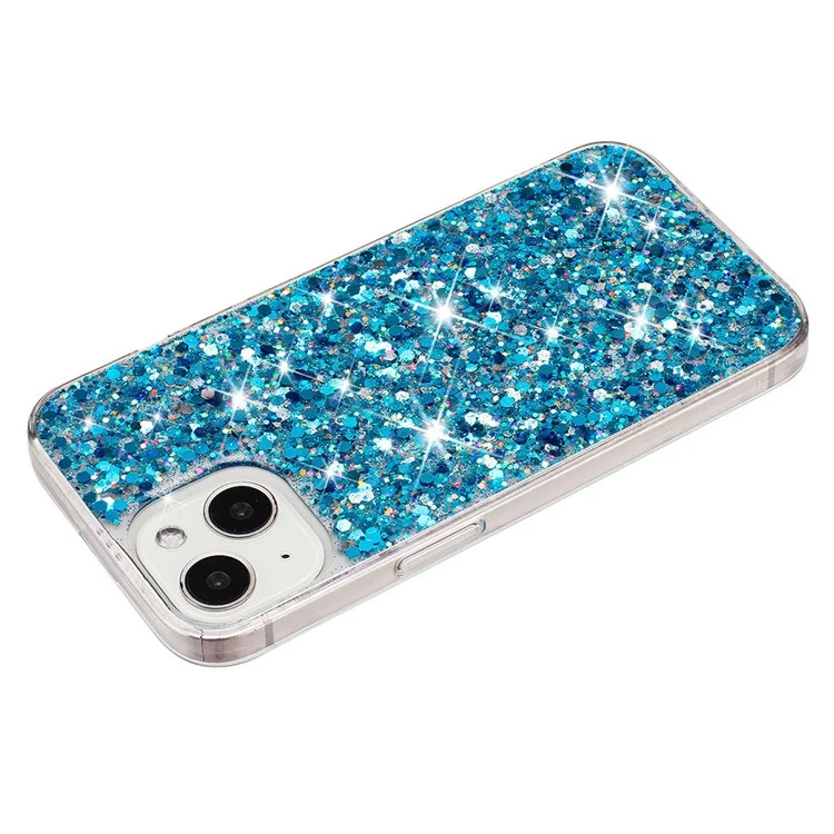 Phone Case for iPhone 14 Glittery Powder Decor Epoxy TPU Slim-Fit Phone Cover - Blue