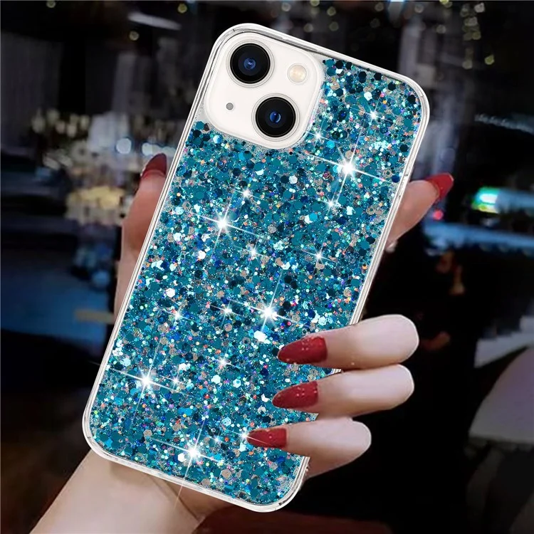 Phone Case for iPhone 14 Glittery Powder Decor Epoxy TPU Slim-Fit Phone Cover - Blue