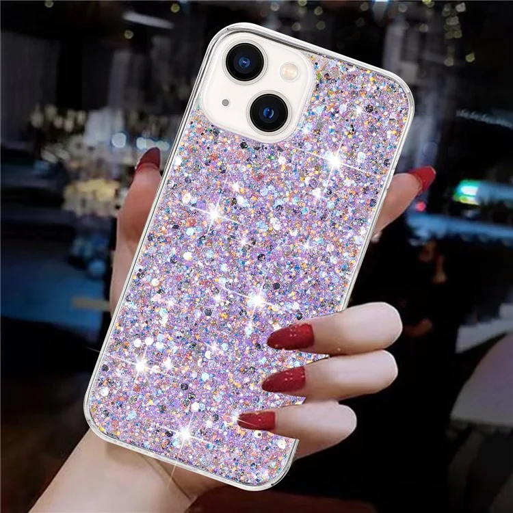 Coque iPhone 13 en TPU Epoxy, Housse de protection anti-rayures avec poudre scintillante - Violet