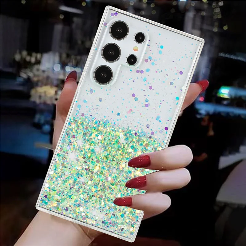 For Samsung Galaxy S24 Ultra Case Epoxy Sparkle Sequins Luminous TPU Phone Cover - Green
