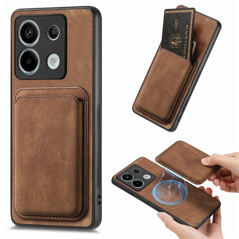 For Xiaomi Redmi Note 13 Pro 5G / Poco X6 5G Magnetic Case Leather Back Cover with Detachable Card Holder - Brown