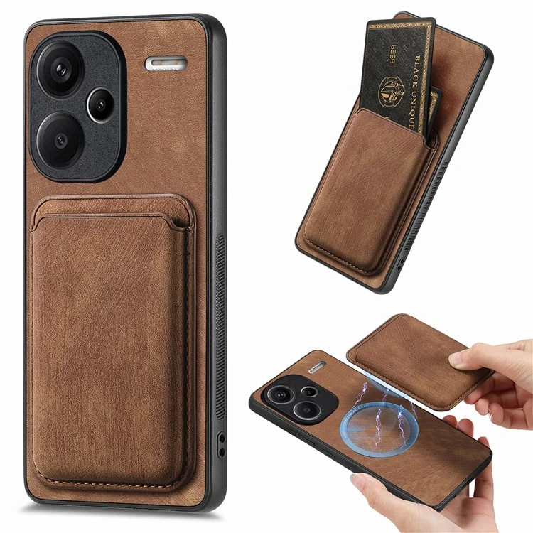For Xiaomi Redmi Note 13 Pro+ 5G Case Compatible with MagSafe Leather Back Cover with Detachable Card Holder - Brown