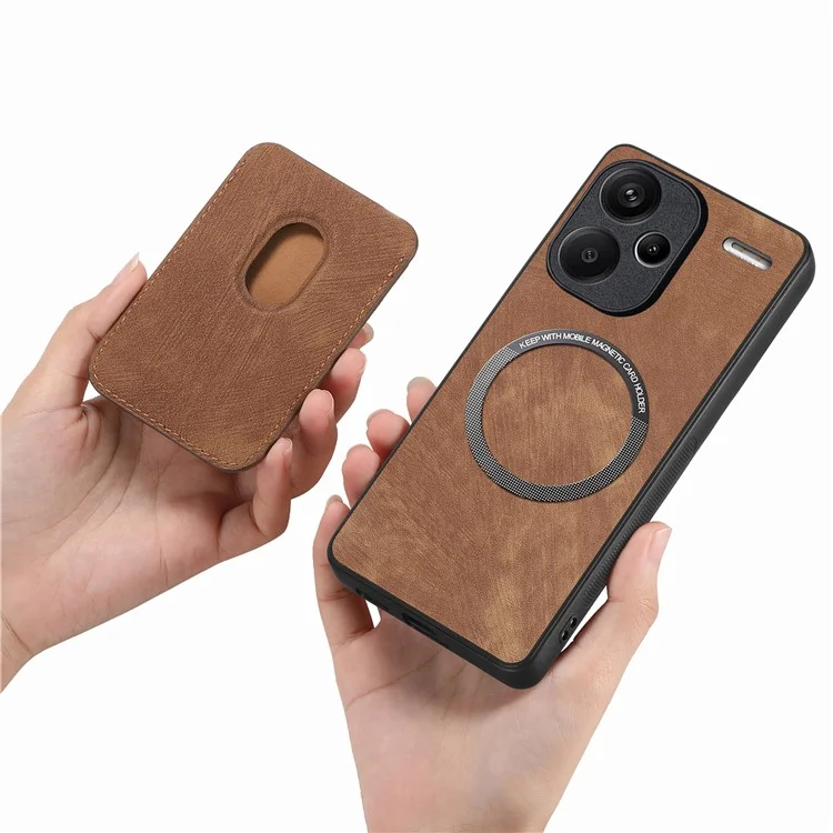 For Xiaomi Redmi Note 13 Pro+ 5G Case Compatible with MagSafe Leather Back Cover with Detachable Card Holder - Brown