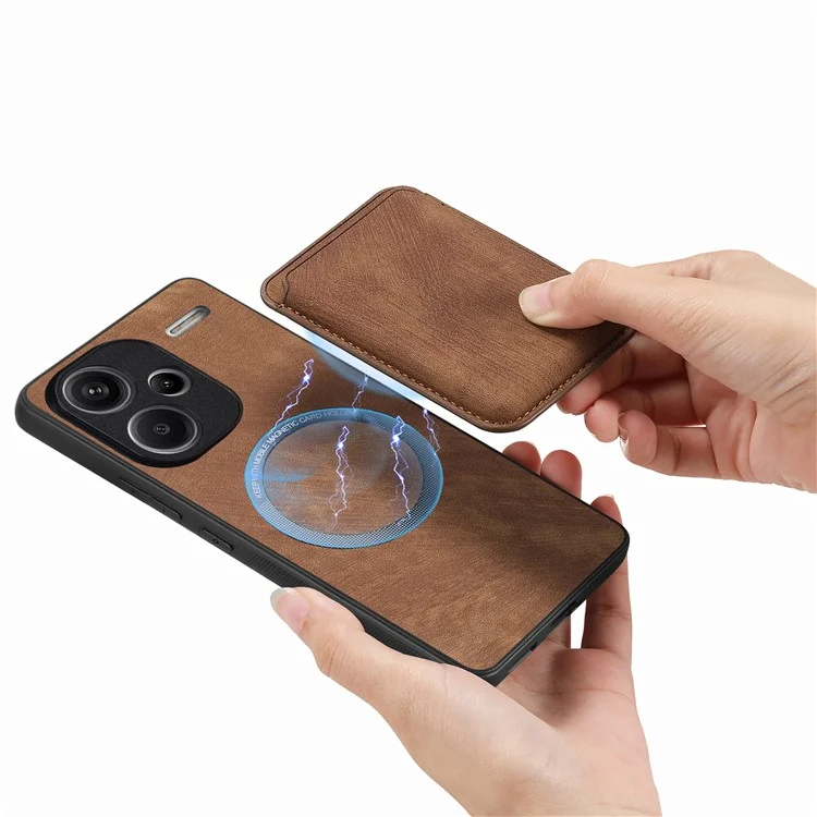 For Xiaomi Redmi Note 13 Pro+ 5G Case Compatible with MagSafe Leather Back Cover with Detachable Card Holder - Brown