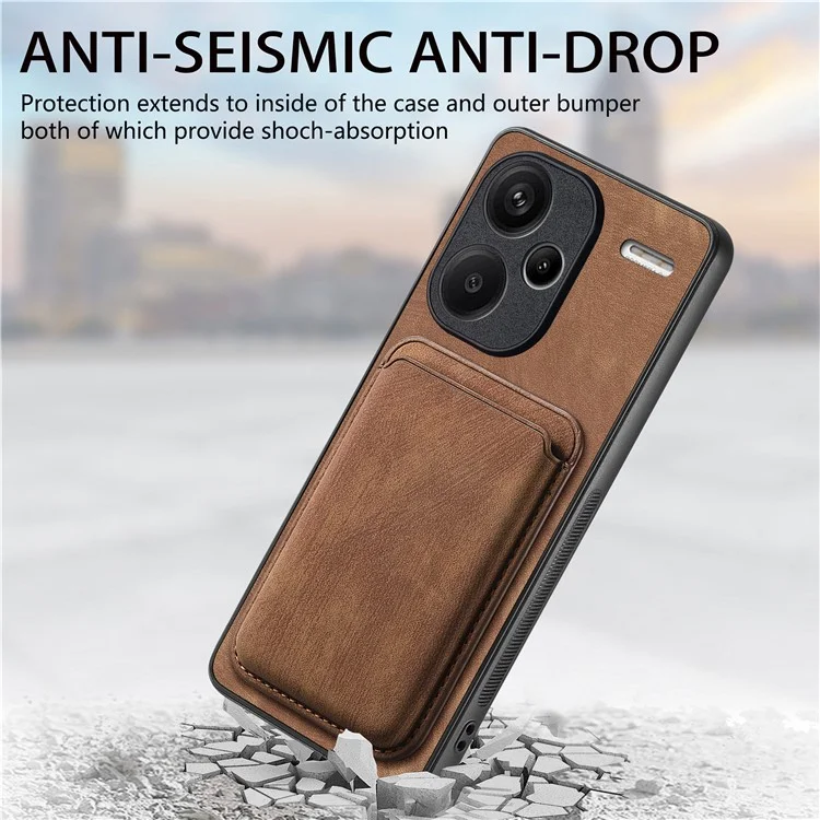For Xiaomi Redmi Note 13 Pro+ 5G Case Compatible with MagSafe Leather Back Cover with Detachable Card Holder - Brown