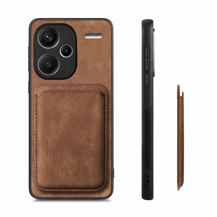 For Xiaomi Redmi Note 13 Pro+ 5G Case Compatible with MagSafe Leather Back Cover with Detachable Card Holder - Brown