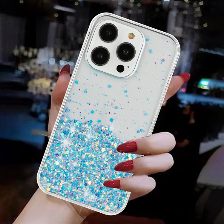 Für iPhone 15 Pro Max Hüllen Kratzfest Epoxidharz Glitzer Glänzend Leuchtend TPU Handyhülle - Blau