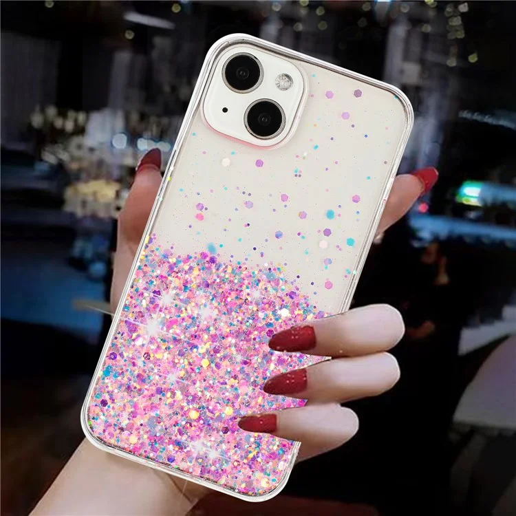 For iPhone 15 Cover Luminous Sequins Decor Anti-scratch Epoxy TPU Phone Case - Pink