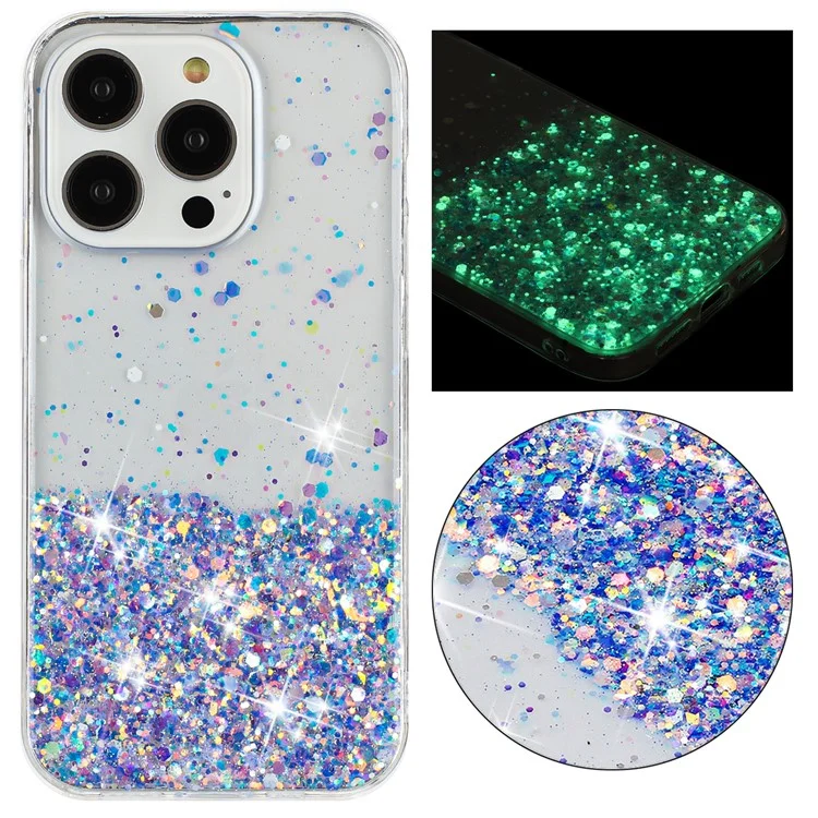 Phone Case for iPhone 14 Pro TPU Cover Epoxy Glitter Sparkle Luminous Drop-Proof Phone Shell - Purple