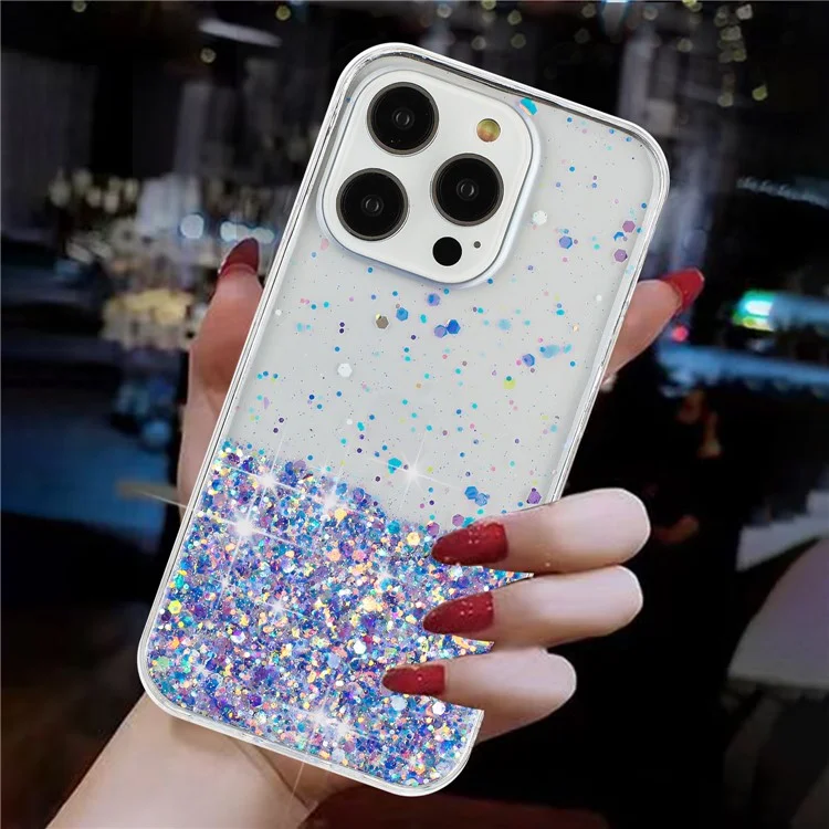 Phone Case for iPhone 14 Pro TPU Cover Epoxy Glitter Sparkle Luminous Drop-Proof Phone Shell - Purple
