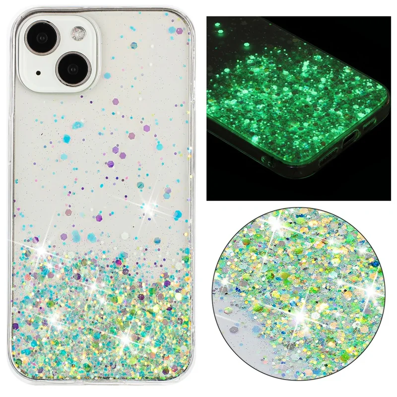 For iPhone 14 Cell Phone Case Anti-fall Epoxy TPU Glitter Sparkle Luminous Phone Cover - Green