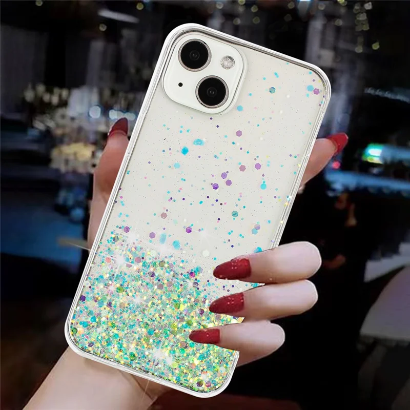 For iPhone 14 Cell Phone Case Anti-fall Epoxy TPU Glitter Sparkle Luminous Phone Cover - Green