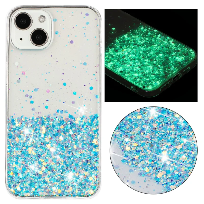 For iPhone 13 6.1 inch Cell Phone Cases Epoxy TPU Glitter Sparkle Luminous Phone Cover - Blue