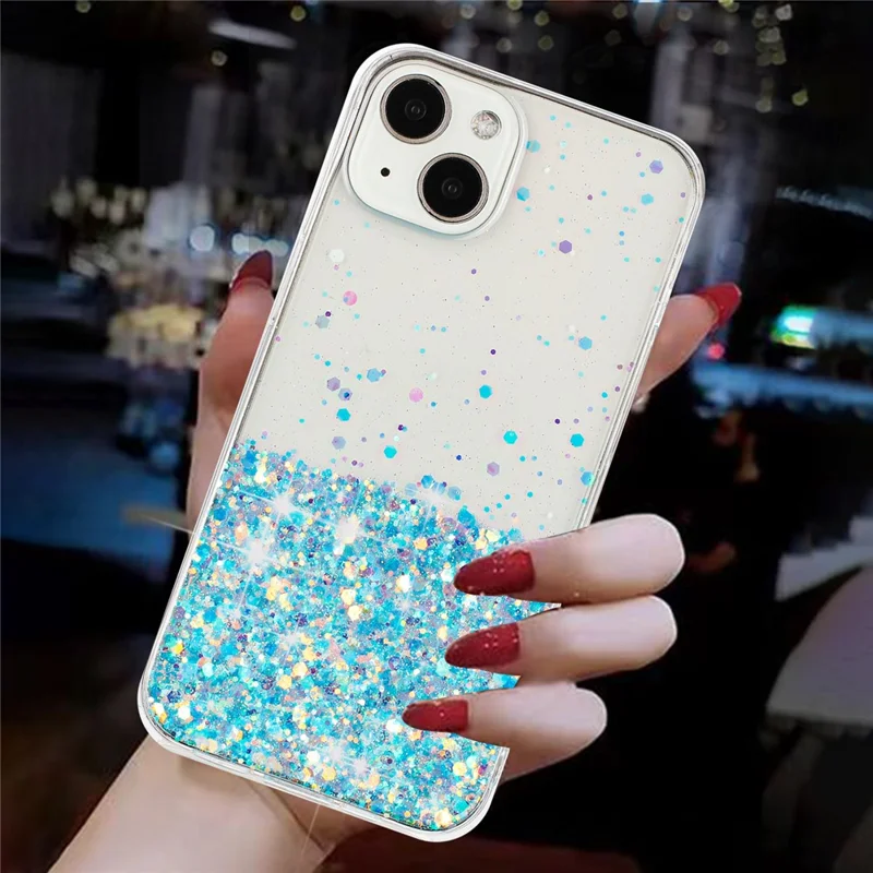 For iPhone 13 6.1 inch Cell Phone Cases Epoxy TPU Glitter Sparkle Luminous Phone Cover - Blue