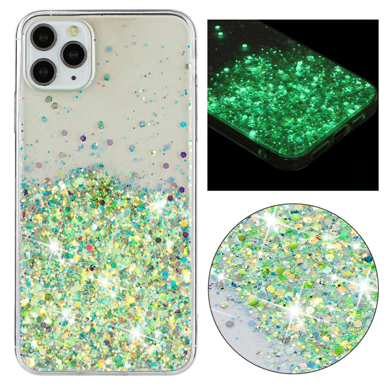 For iPhone 11 Pro Cell Phone Case Sequins Luminous Epoxy TPU Drop Protection Cover - Green