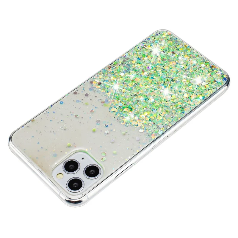 For iPhone 11 Pro Cell Phone Case Sequins Luminous Epoxy TPU Drop Protection Cover - Green