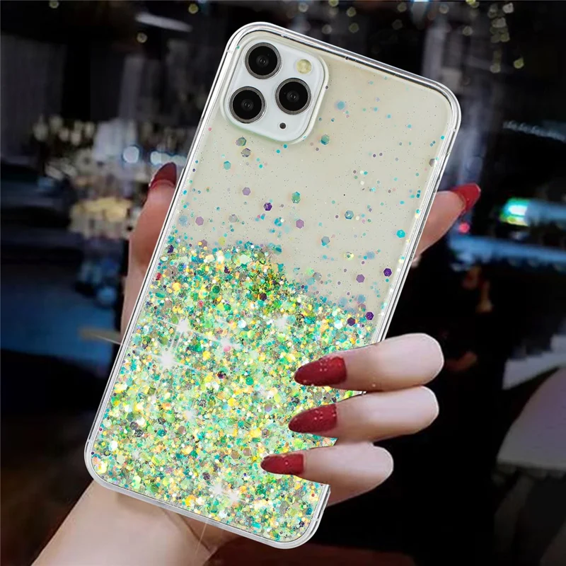 For iPhone 11 Pro Cell Phone Case Sequins Luminous Epoxy TPU Drop Protection Cover - Green