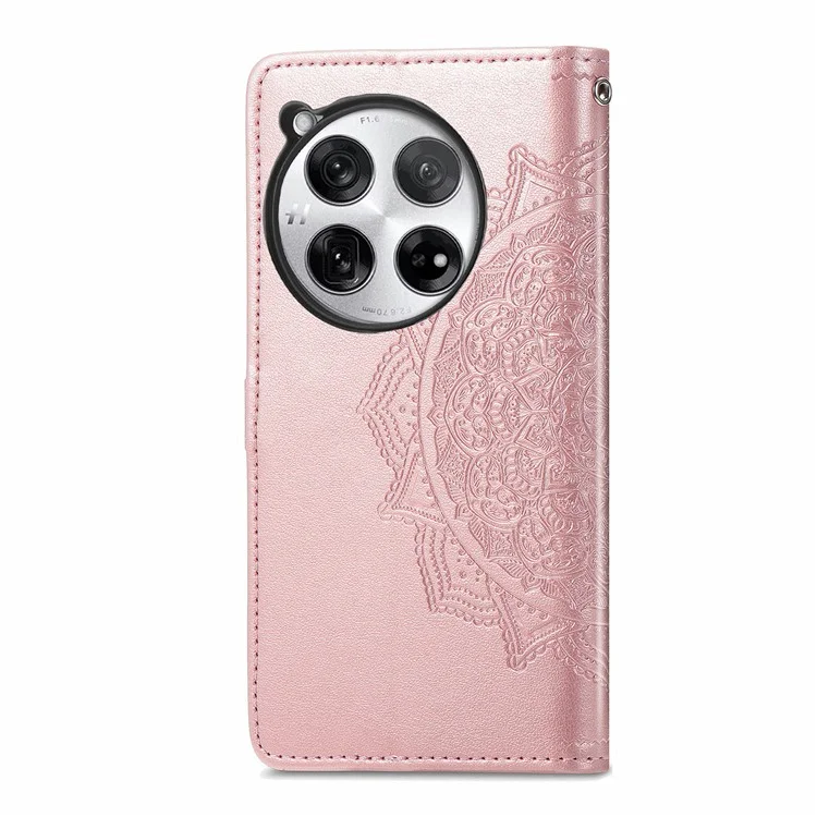 For OnePlus 12 5G Anti-Scratch Phone Cover Emboss Mandala Flower Leather Wallet Case - Rose Gold