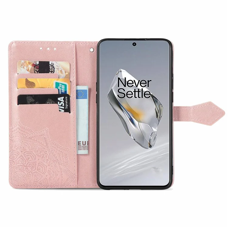 For OnePlus 12 5G Anti-Scratch Phone Cover Emboss Mandala Flower Leather Wallet Case - Rose Gold