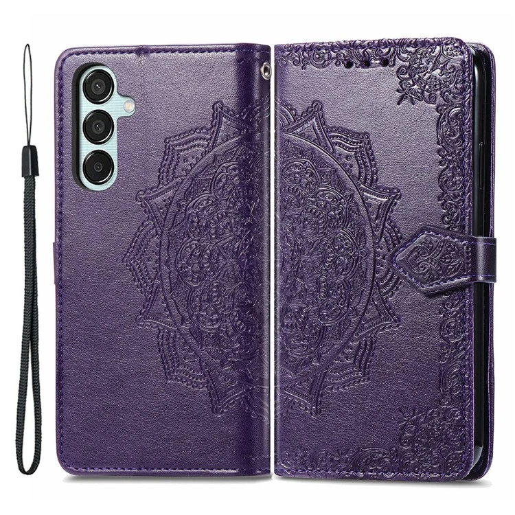For Samsung Galaxy M15 5G PU Leather Case Shockproof Cell Phone Cover Emboss Mandala Flower Wallet - Purple