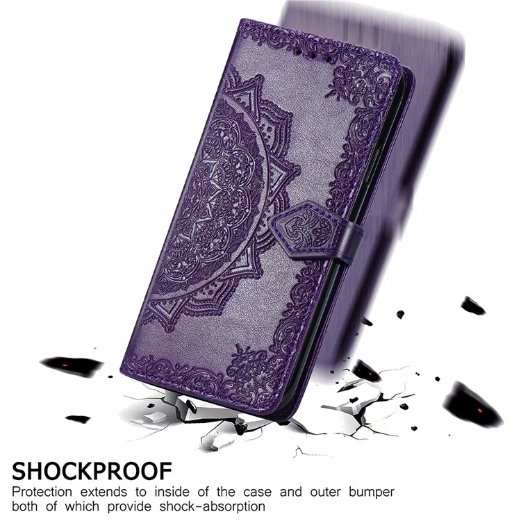For Samsung Galaxy M15 5G PU Leather Case Shockproof Cell Phone Cover Emboss Mandala Flower Wallet - Purple
