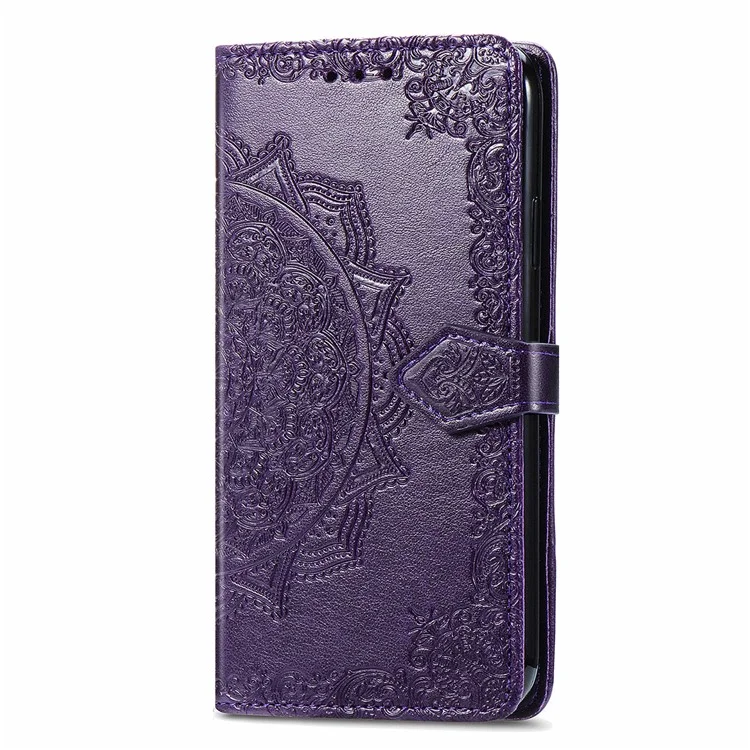 For Samsung Galaxy M15 5G PU Leather Case Shockproof Cell Phone Cover Emboss Mandala Flower Wallet - Purple