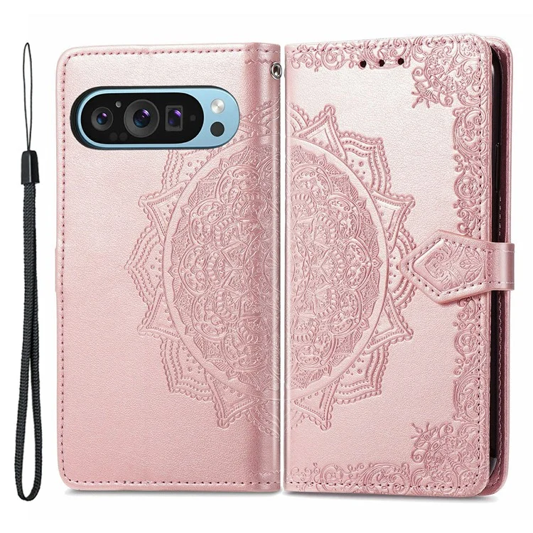 Custodia per telefono Pixel 9 / Pixel 9 Pro di Google, con fiore mandala in rilievo, portafoglio con chiusura magnetica - Rose Gold