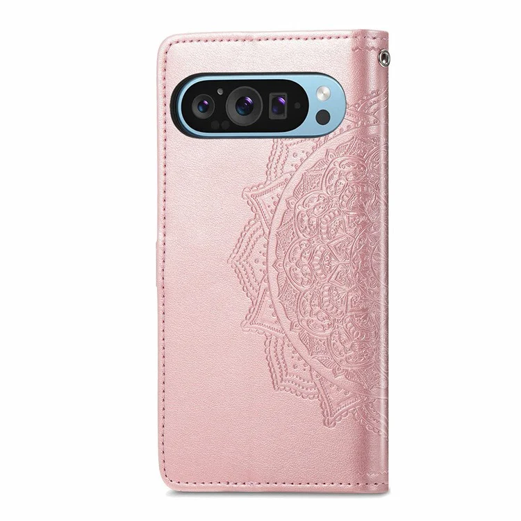 Custodia per telefono Pixel 9 / Pixel 9 Pro di Google, con fiore mandala in rilievo, portafoglio con chiusura magnetica - Rose Gold