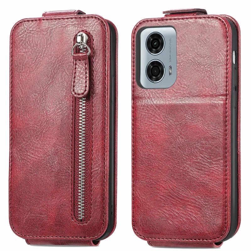 Pour Motorola Moto G24 Power Phone Case Zipper Pocket Pocket Vertical Flip Leather Stand Anti-drop Cover - Vin Rouge