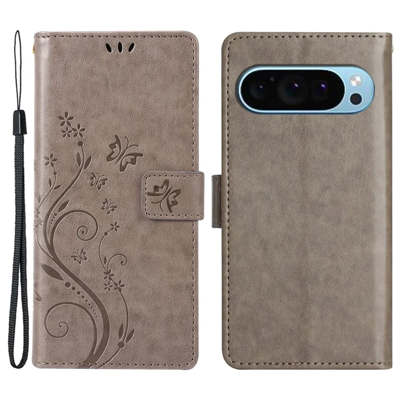 For Google Pixel 9 / Pixel 9 Pro Case Butterfly Pattern PU Leather Wallet Phone Cover - Grey