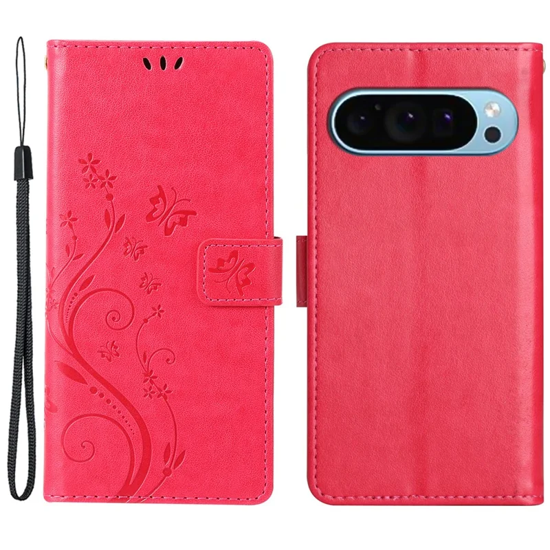 For Google Pixel 9 / Pixel 9 Pro Case Butterfly Pattern PU Leather Wallet Phone Cover - Red