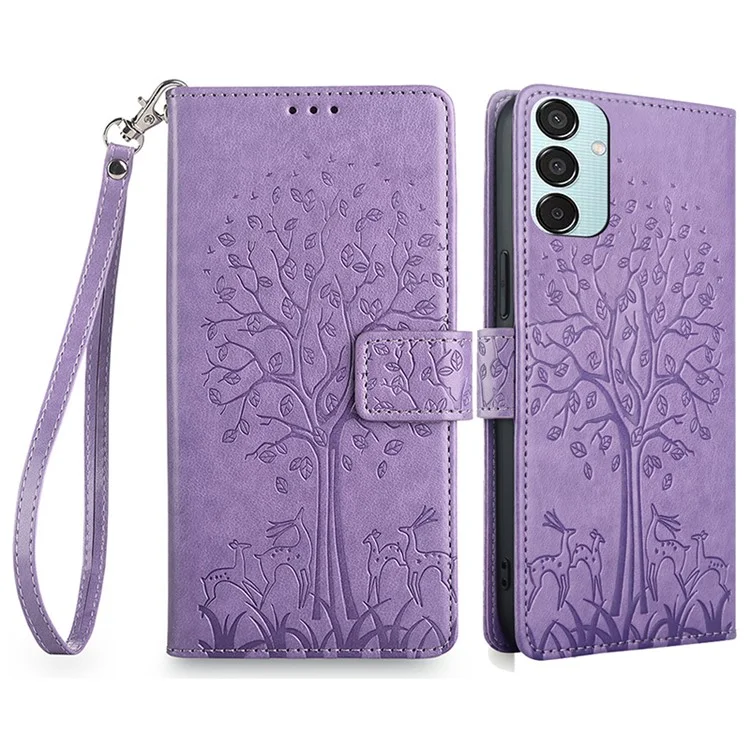 For Samsung Galaxy M15 5G Leather Case with 3 Card Slots Tree Pattern Phone Cover - Purple
