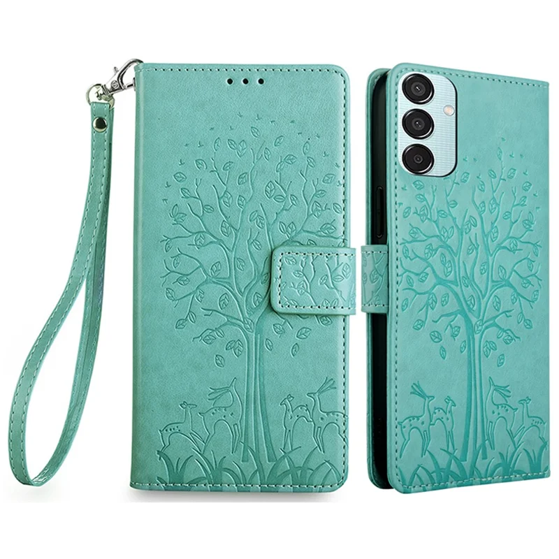 For Samsung Galaxy M15 5G Leather Case with 3 Card Slots Tree Pattern Phone Cover - Green